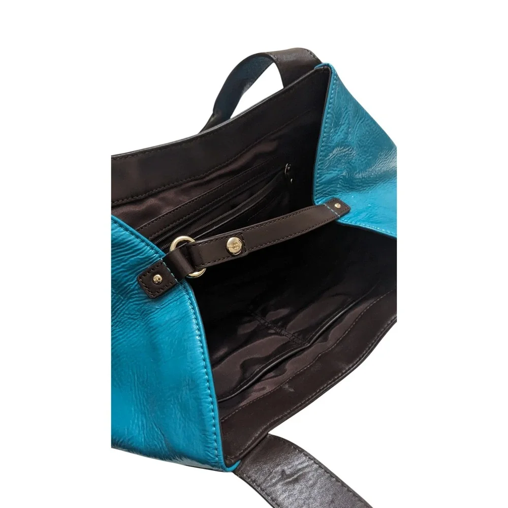 Kate Spade New York Teal Blue Crinkled Patent Leather‎ Brown Trim Tote Bag